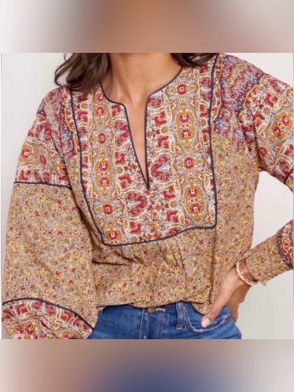 Socialite Printed Boho Split-Neck Blouse in Mustard Multi Size XS‎
